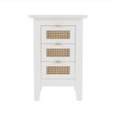 3-Pieces Bedroom Sets Full Size Wooden Platform Bed with Natural Rattan Headboard, Nightstands Set of 2 with Rattan-Woven Surfaces and Three Drawers for Bedroom, White