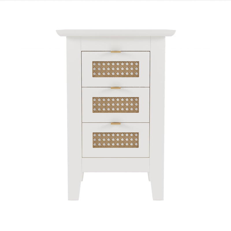 3-Pieces Bedroom Sets Full Size Wooden Platform Bed with Natural Rattan Headboard, Nightstands Set of 2 with Rattan-Woven Surfaces and Three Drawers for Bedroom, White