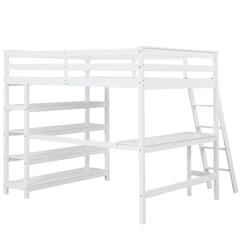 Loft Bed Full with desk,ladder,shelves, White