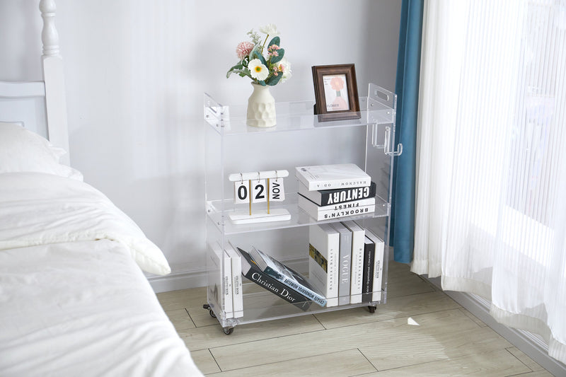 Acrylic Rolling Side Table - 3 Tiers End Table with Lockable Wheels - Small Clear Table for Living Room