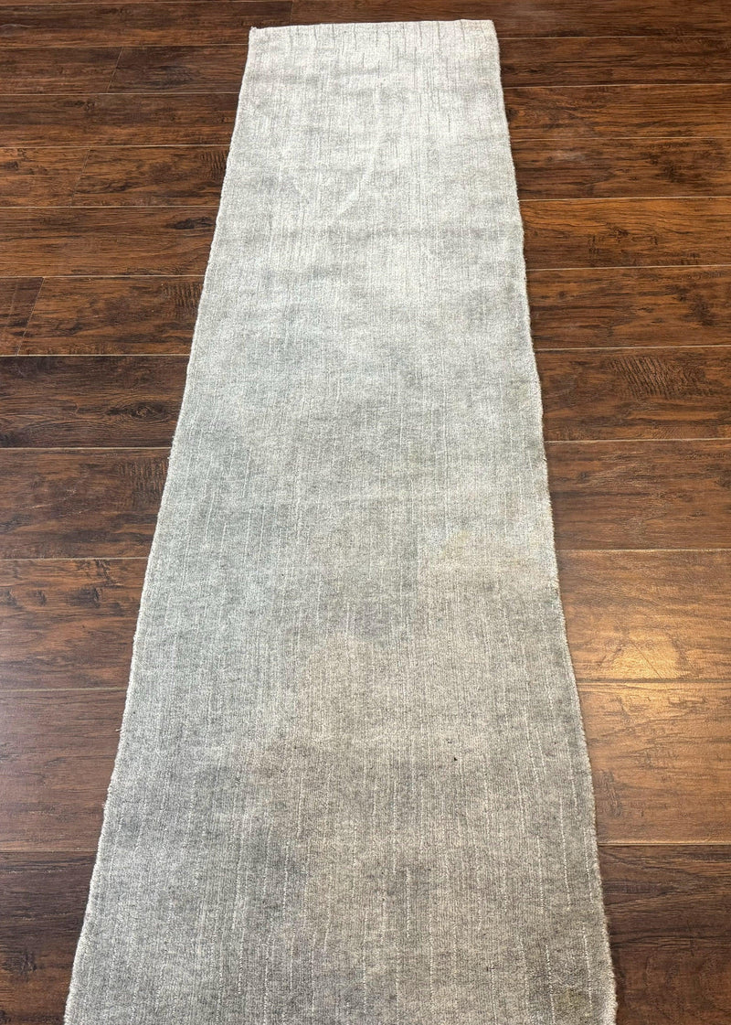 Modern Tibetan Runner Rug 1.9 x 8.6, Wool and Silk Highlights, Gray/Silver, Narrow Runner for Hallway or Kitchen