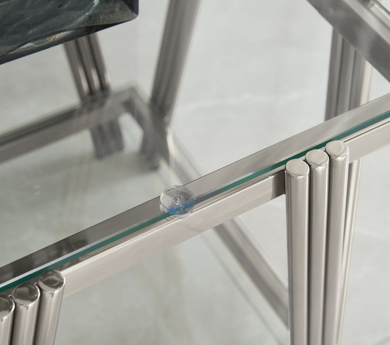 Modern Stainless Steel Coffee Table Set (Set of 2), Double-Layer Clear Tempered Glass Table Top, Coffee Table & End Side Table 2-Pieces Sets for Living Room Home Office, Silver