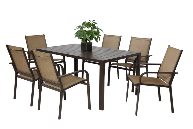 7 Pieces Patio Dining Set,  Outdoor Furniture Table and 6 Textilene Chairs, Outdoor Furniture with Rectangular Table and 6 Stackable Chairs Family Conversation Set for Garden Backyard Deck-Brown