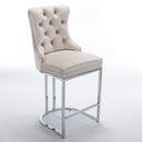 26" Counter Height Bar Stools Set of 2, Modern Velvet Barstools with Button Back&Rivet Trim Upholstered Kitchen Island Chairs with Sturdy Chromed Metal Base Legs Farmhouse Bar Stools, (Beige, 2 Pack)