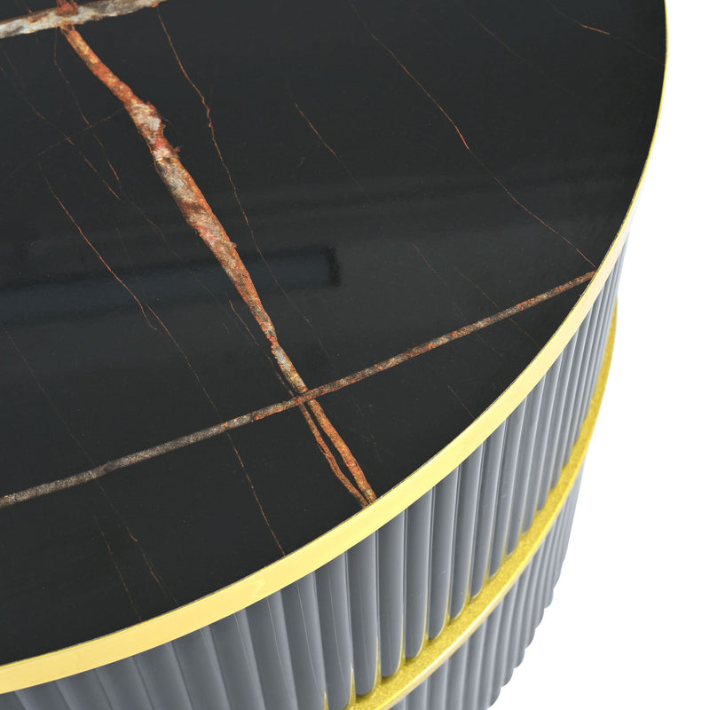 27.5" & 19.6" Stackable Coffee Table with 2 Drawers, Nesting Tables with Brown Tempered Glass and High Gloss Marble Tabletop, Set of 2, Round Center Table for Living Room, Black