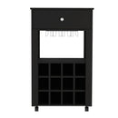 39" H black bar- coffee cart, Kitchen or living room cabinet storage, with 12 bottle racks, a central shelf with 1 Cup holders, 1 drawer ideal for storing small things
