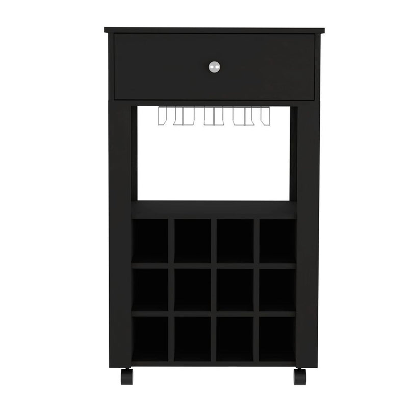 39" H black bar- coffee cart, Kitchen or living room cabinet storage, with 12 bottle racks, a central shelf with 1 Cup holders, 1 drawer ideal for storing small things