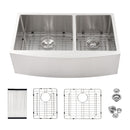 Double Bowl Sink 60 / 40 Split Apron Front Kitchen Sink In 16 Gauge With 2 10" Deep Basins 33" X21" X10" - Brushed Nickel by HouseOfZazla