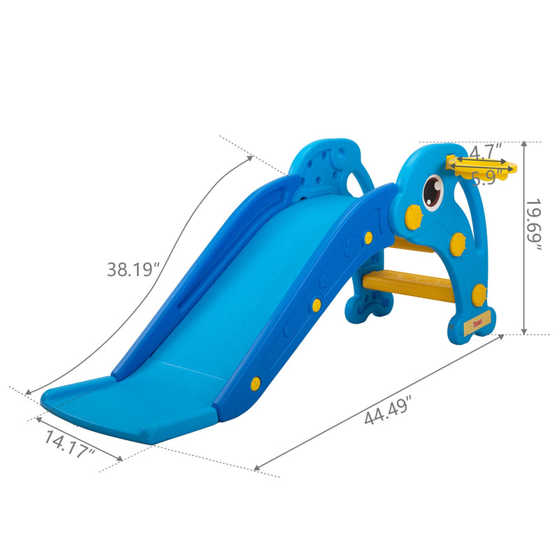 3 in 1 Kids Climber and Slide, Toddler Play Set with Basketball Hoop and Ball, Indoor Outdoor Freestanding Slide for Preschool Boys Girls, Blue Dolphin