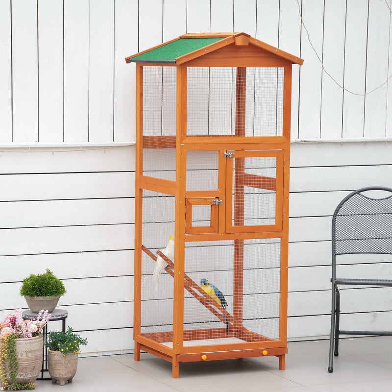 65" Wooden Bird Cage Outdoor Aviary House for Parrot, Parakeet, with Pull Out Tray and 2 Doors, Orange