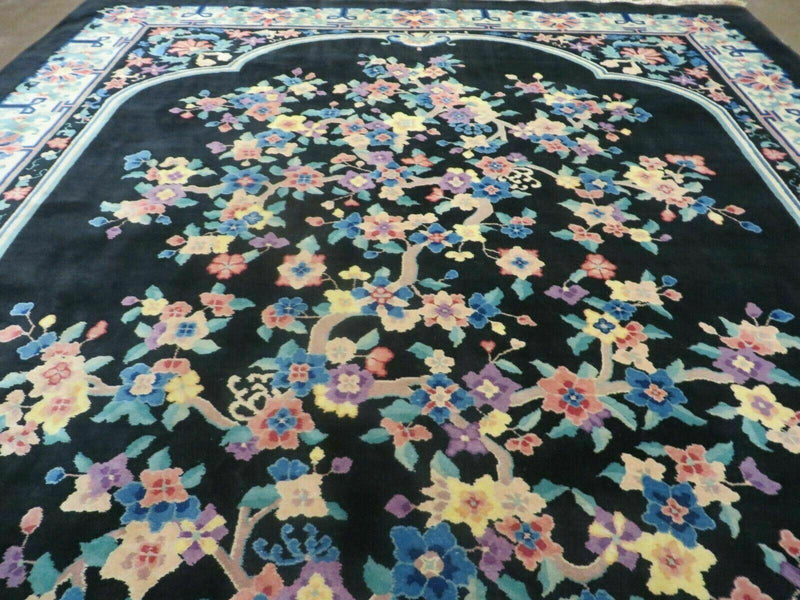 8' x 10' Vintage Handmade Art Deco Plush Chinese Wool Rug center Flower Black