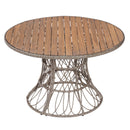 5-Piece Outdoor Dining Set: Brown Round Acacia Wood Table & 4 Brown Wicker Armchairs