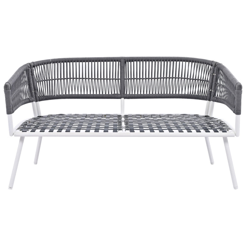 4-Piece Boho Rope Patio Furniture Set, Outdoor Furniture with Acacia Wood Table, Patio Conversation Set with Deep Seating & Thick Cushion for Backyard Porch Balcony, Navy Blue