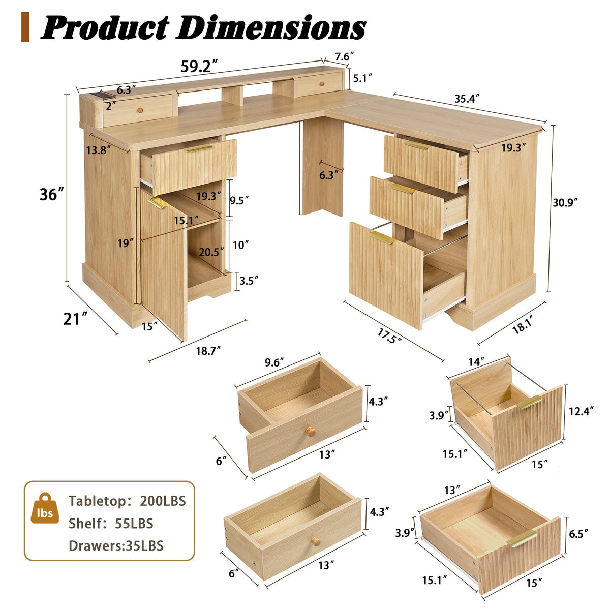 59" Modern Fluted L-Shaped Desk with Charging Station & Storage, photo 6 of 10