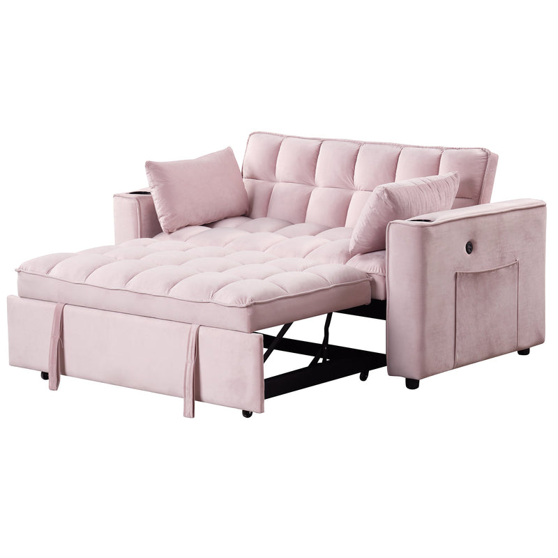 55.3" 4-1 Multi-functional Sofa Bed with Cup Holder and USB Port for Living Room or Apartments Pink