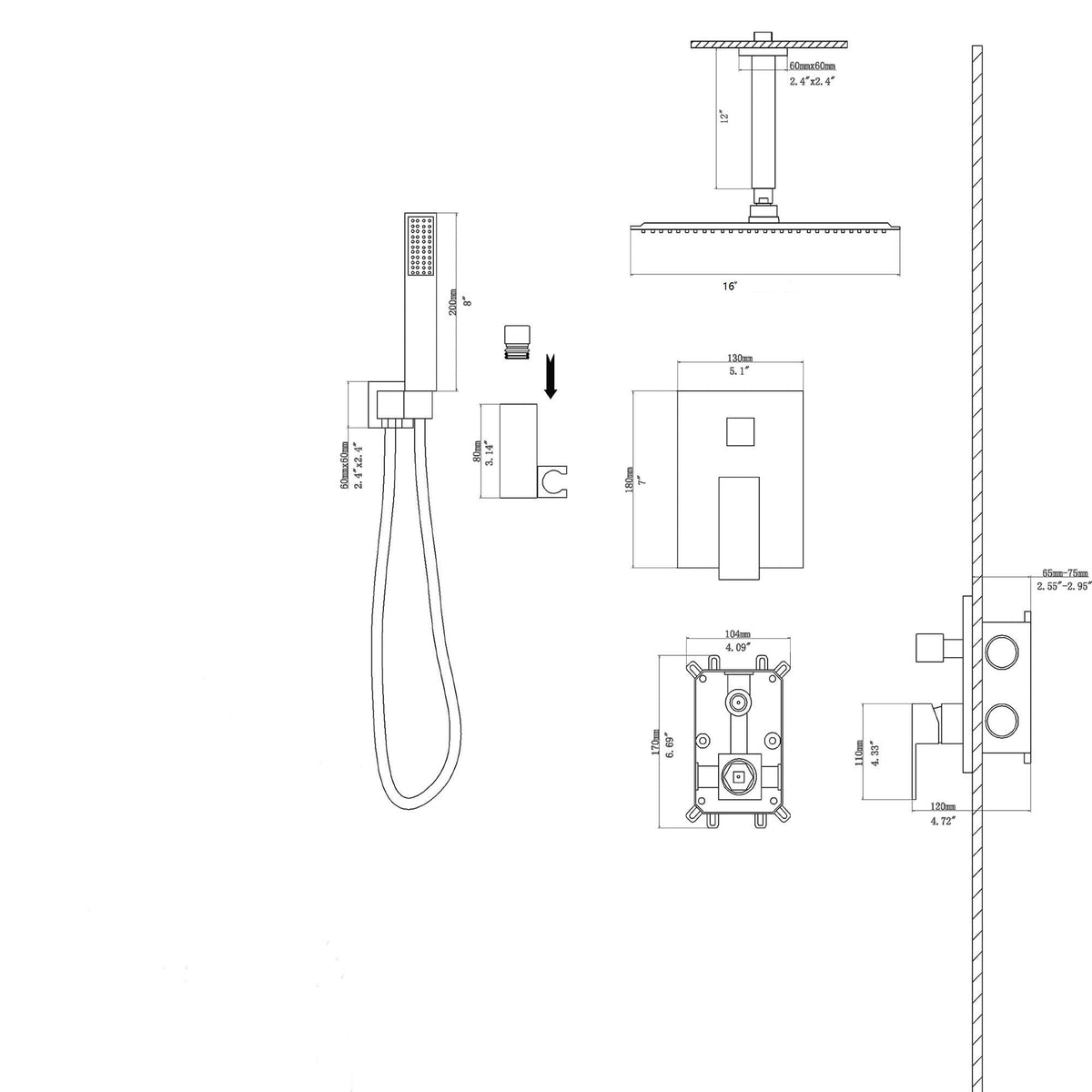 Modern Dual Shower Head System With 16" Ceiling Mount Finish, Stainless Steel And Brass, photo 5 of 28