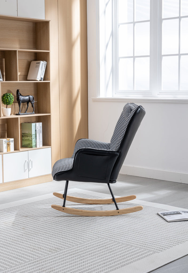 35.5 inch Rocking Chair with Footrest, Soft Houndstooth Fabric Leather Fabric Rocking Chair for Nursery, Comfy Wingback Glider Rocker with Safe Solid Wood Base for Living Room Bedroom Balcony (black)