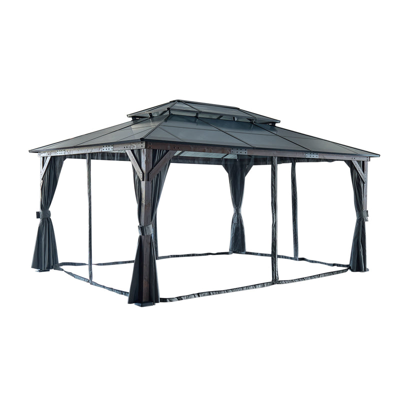 12' x 16' Hardtop Cedar Wood Gazebo for Patios, Outdoor Cedar Framed Gazebo with Double Metal Roof, Solid Wooden Framed Gazebo with Privacy Curtains and Mosquito Nettings for Garden, Backyard