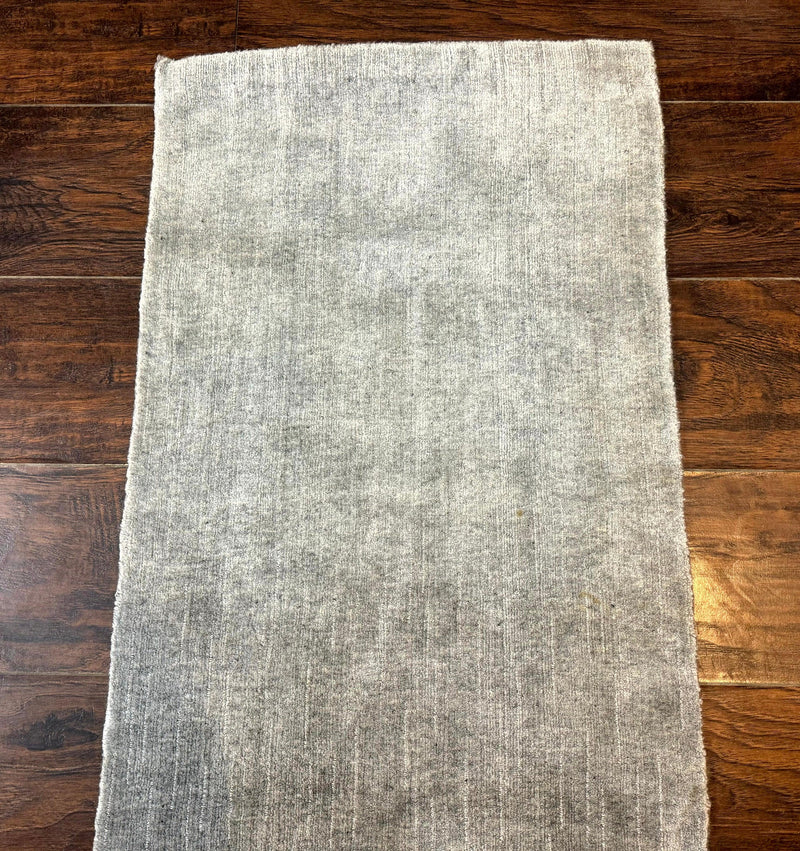 Modern Tibetan Runner Rug 1.9 x 8.6, Wool and Silk Highlights, Gray/Silver, Narrow Runner for Hallway or Kitchen