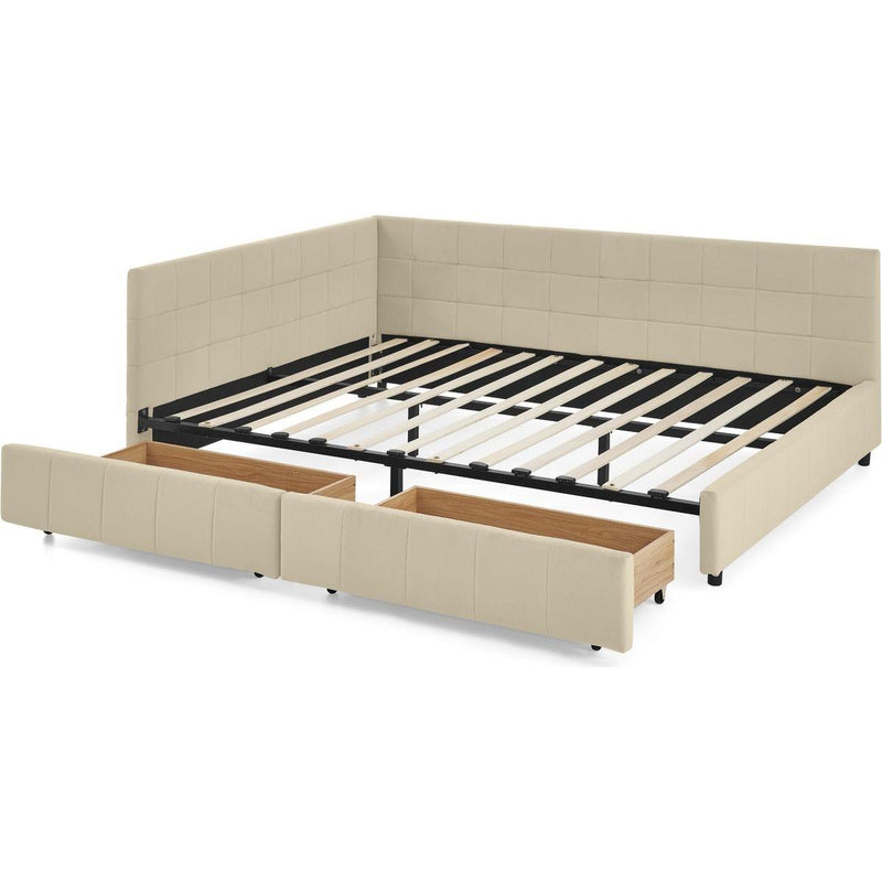 Queen Size Storage Upholstered Tufted Bed Frame, Sofa Bed Frame with Comfortable Backrest and Armrests, Queen Size Bed for Bedroom, Living Room,Velvet, BEIGE(85.5''*64.5''*29.5'')