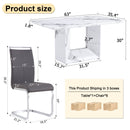 A simple dining table. A dining table with a white marble pattern. 6 PU synthetic leather high backrest cushioned side chairs with C-shaped silver metal legs. DT-SQ-16090-wh