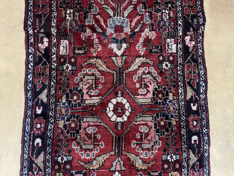 3' 4" X 9' Antique Handmade Wool Rug Runner Floral Organic Dyes Red Nice