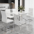A simple dining table. A dining table with a white marble pattern. 4 PU synthetic leather high backrest cushioned side chairs with C-shaped silver metal legs. DT-SQ-16090-wh