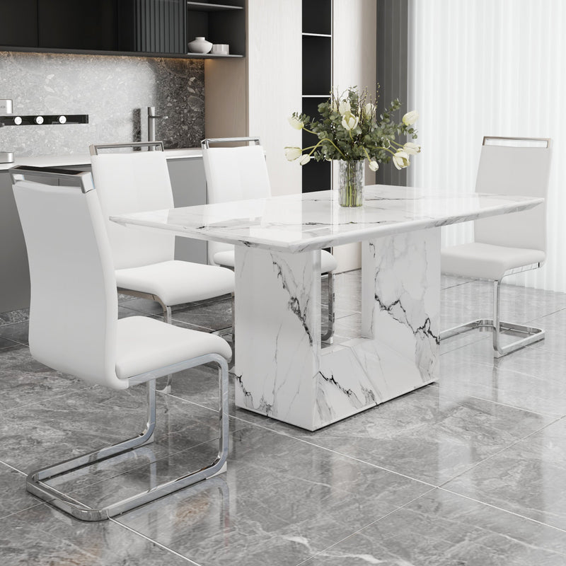 A simple dining table. A dining table with a white marble pattern. 4 PU synthetic leather high backrest cushioned side chairs with C-shaped silver metal legs. DT-SQ-16090-wh