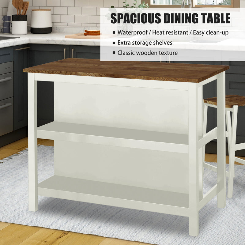 3 PCS Dining Table Set Rustic Retro Breakfast Table Dining Stools Rubber Wood for 2 with Two Open Shelves for Small Space Kitchen Dining Room Cream White