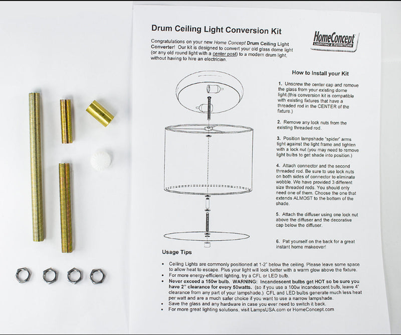 Moderne Flush Mount Conversion Kit 14"w White Hardback Drum Lampshade