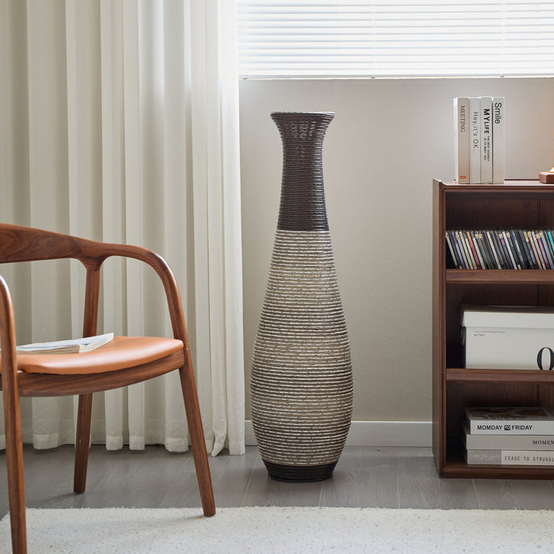 Tall Standing Designer Floor Vase Durable Artificial Rattan Elegant 2 Tone Finish Ideal Decor Accent For Living Room, Bedroom, Entryway Stylish Home Decor Statement Piece - Black / Gray, photo 2 of 17