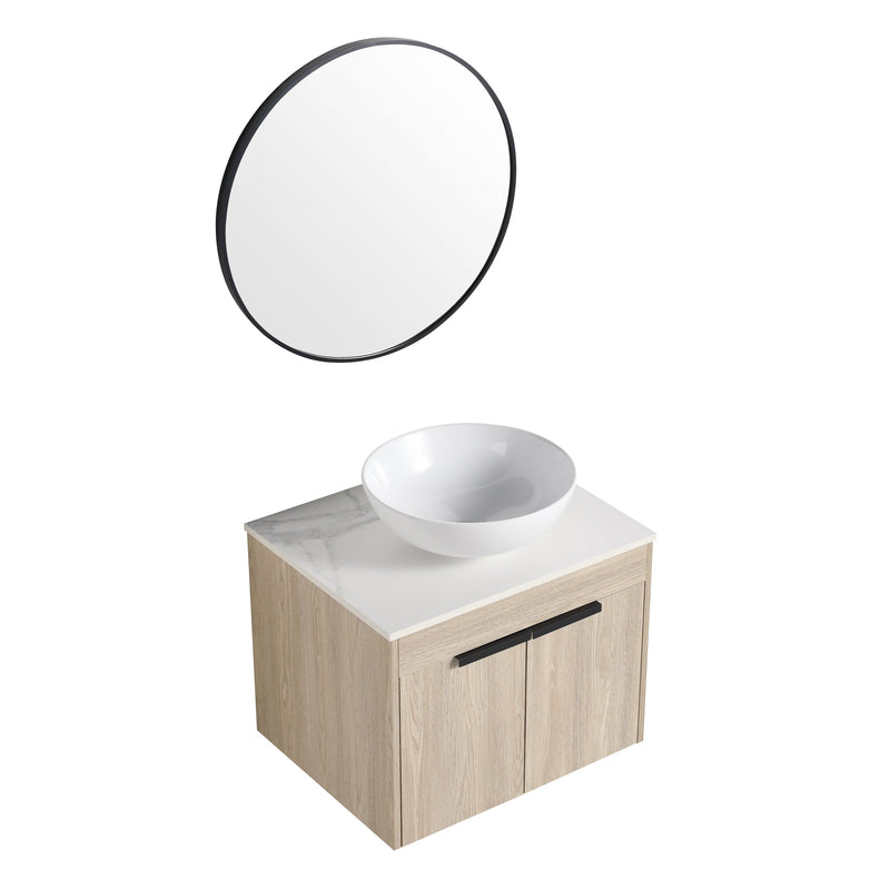 24" Modern Design Float Bathroom Vanity With Ceramic Basin Set, Wall Mounted White Oak Vanity With Soft Close Door, KD-PackingD-Packing Pieces