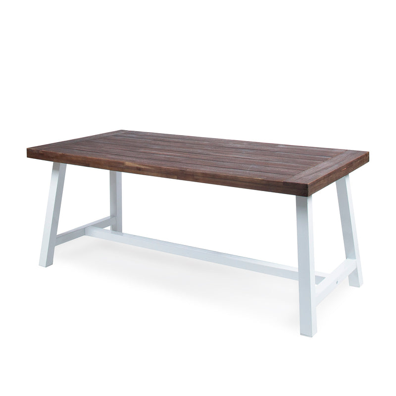 Outdoor Dark Brown Sandblast Finish Acacia Wood Dining Table with White Rustic Metal Frame, Weather Resistant