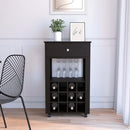 39" H black bar- coffee cart, Kitchen or living room cabinet storage, with 12 bottle racks, a central shelf with 1 Cup holders, 1 drawer ideal for storing small things