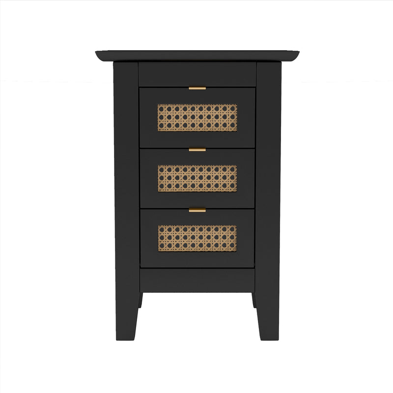 3-Pieces Bedroom Sets Full Size Wooden Platform Bed with Natural Rattan Headboard, Nightstands Set of 2 with Rattan-Woven Surfaces and Three Drawers for Bedroom, Black