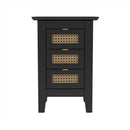 3-Pieces Bedroom Sets Queen Size Wooden Platform Bed with Natural Rattan Headboard, Nightstands Set of 2 with Rattan-Woven Surfaces and Three Drawers for Bedroom, Black