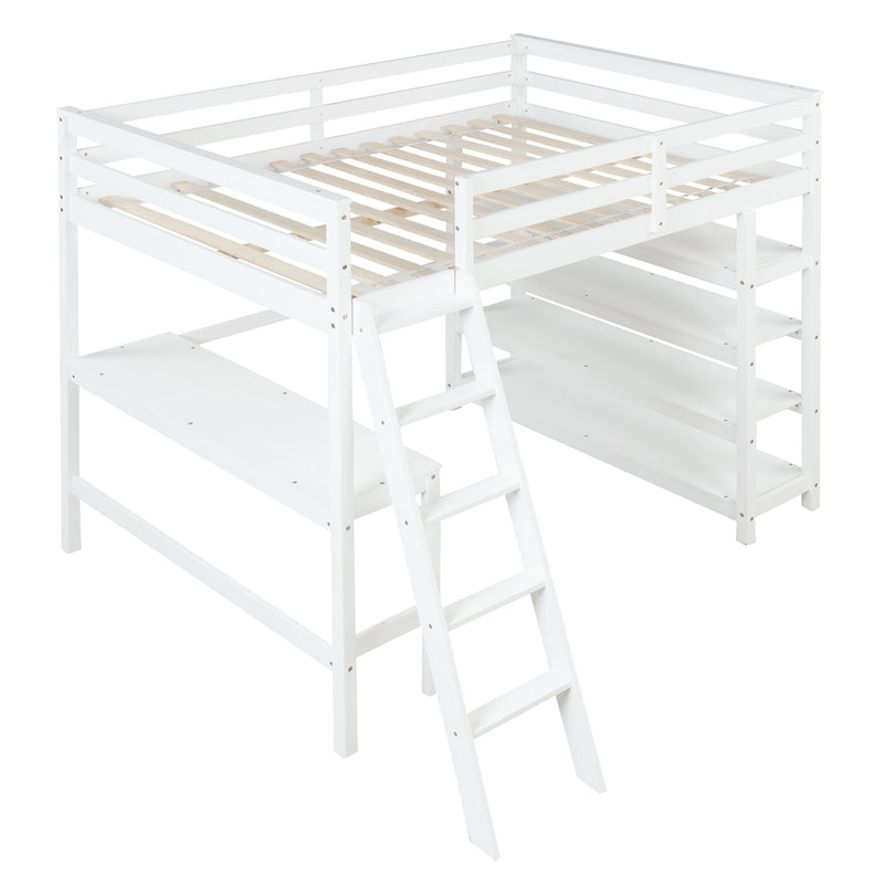 Loft Bed Full with desk,ladder,shelves, White