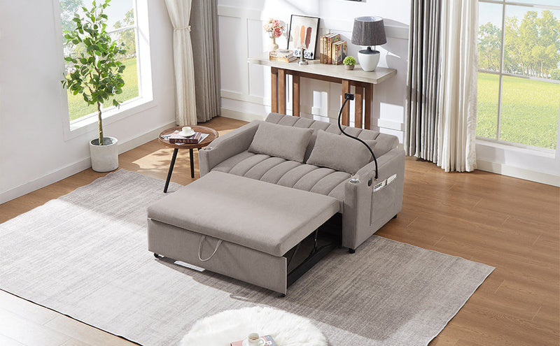 55.9" Convertible Sofa Bed Loveseat Sofa with Three USB Ports, Two Side Pockets, Two Cup Holders and 360Swivel Phone Holder for Living Room, Light Grey