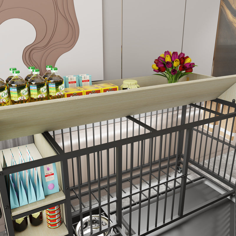 Large pet cage with storage rack, drawers with stainless steel food and water basin, made of iron frame and MDF material, sturdy, exquisite, and practical (black+beige)