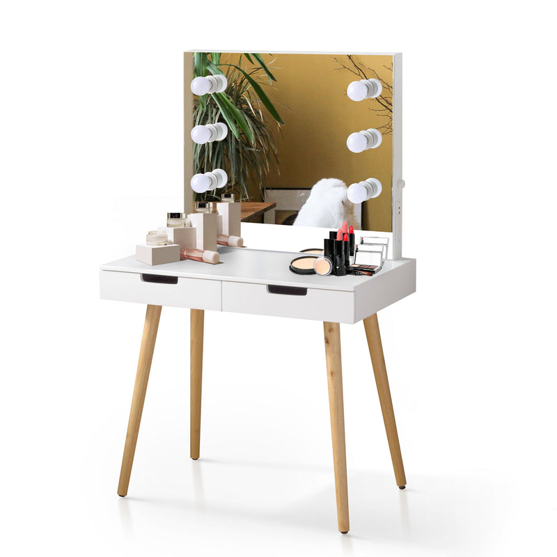 Walker Edison - Wooden Vanity Table Makeup Dressing Desk with LED Light,dressing table with USB port,White