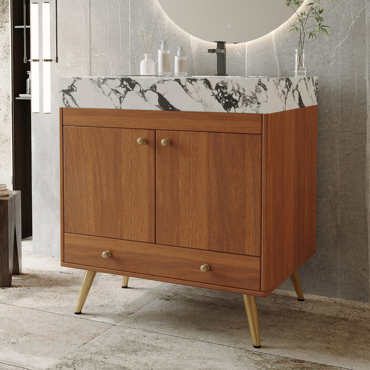 Mid-Century Free-Standing Bathroom Vanity with Faux Marble Top, photo 5 of 10