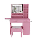 Vanity Desk With LED Mirror Lights And Power Outlet Charging Station, 3 Drawers, 7 Shelves, Storage Stool - Pink by HouseOfZazla