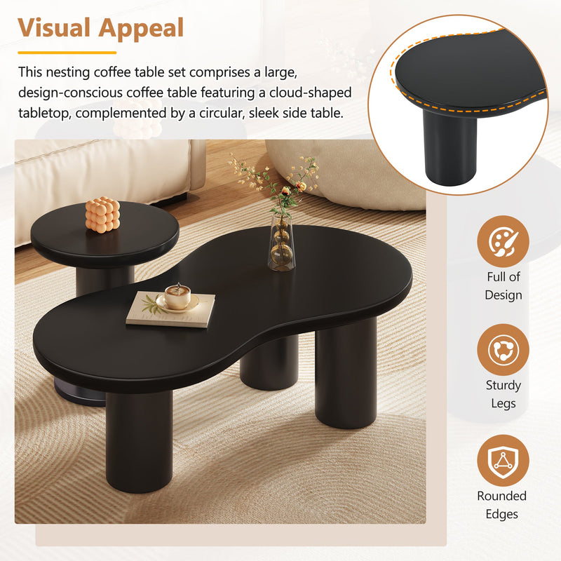 Walker Edison - Nesting Coffee Table Set of 2, Cream Style Cloud Coffee Table with Round Small Side Table,  Irregular Center Table with Thick Legs for Living Room, Black, 39.3''x 13.7'',Φ15.7''