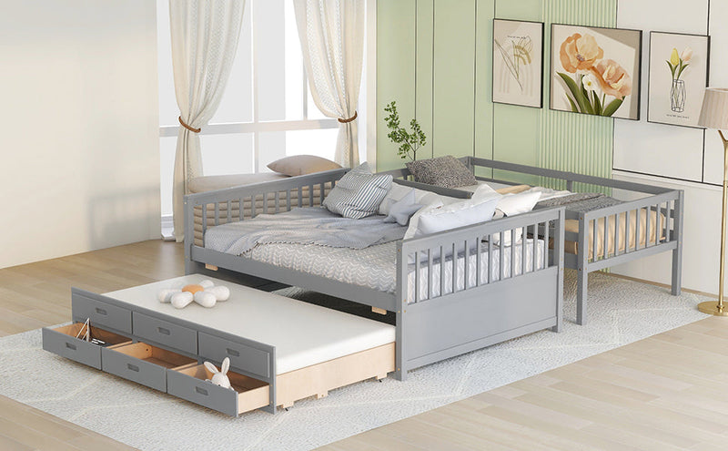 Twin-Over-Full Bunk Bed with Twin size Trundle, Separable Bunk Bed with Drawers for Bedroom - Gray