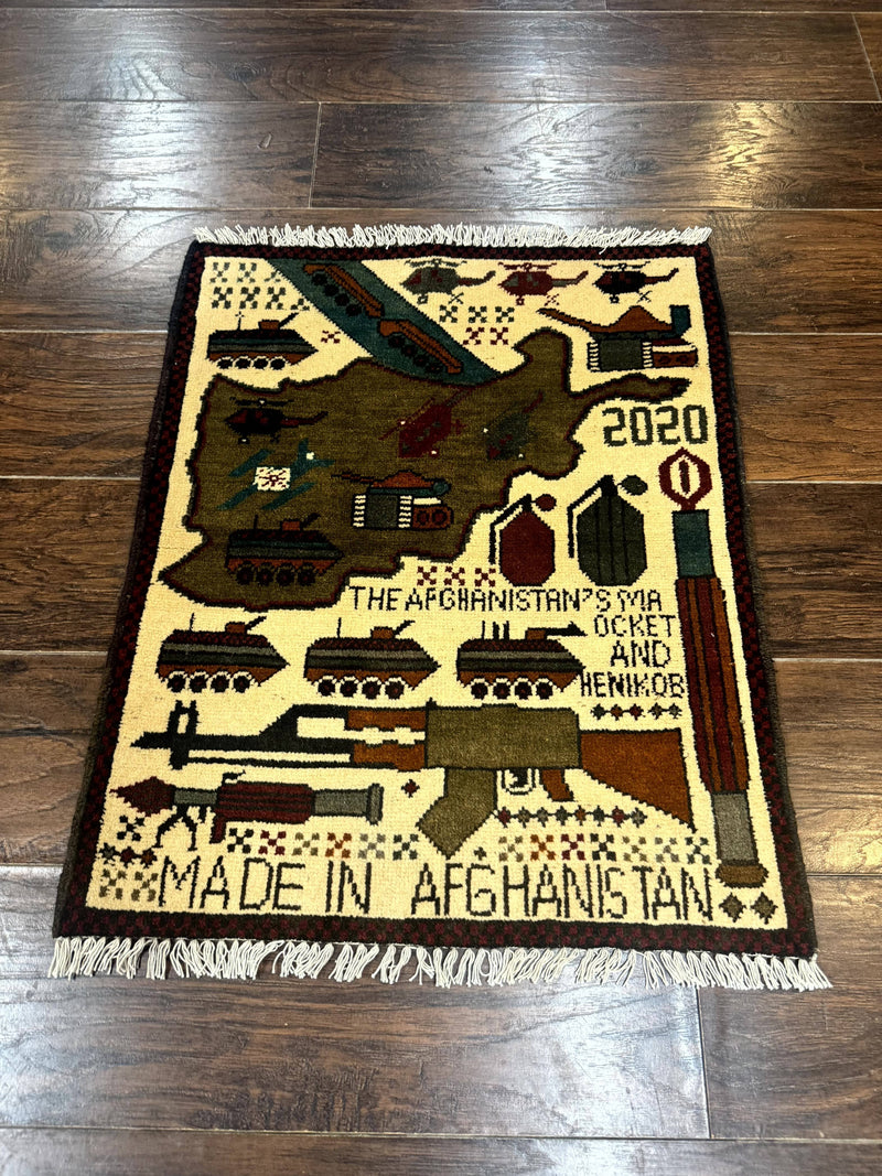 Afghan War Rug, Helicopters Tanks Guns, Handmade, Wool, 2x3