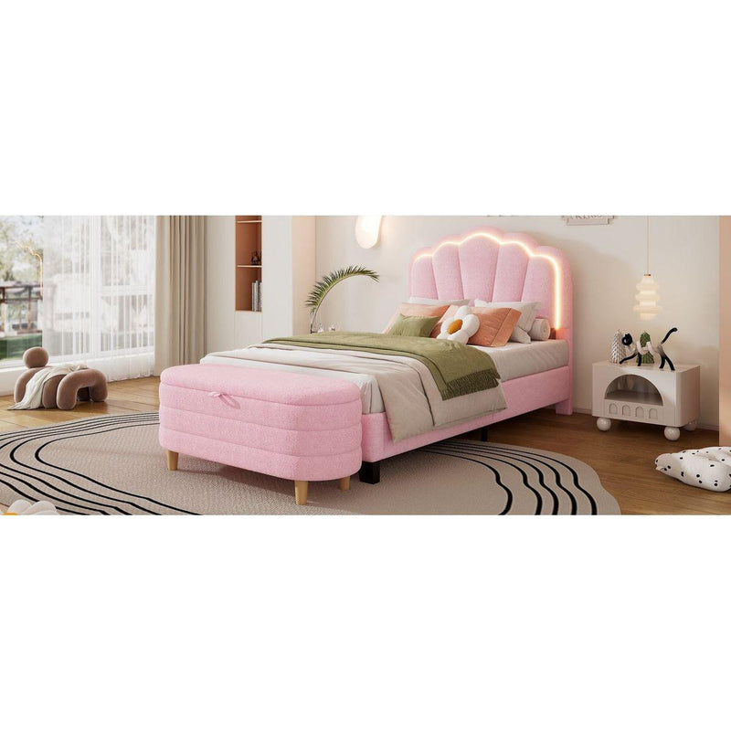 2-Pieces Bedroom Sets Twin Size Flower-Shaped Upholstered LED Platform Bed with Storage Ottoman-Sherpa Fabric, Pink