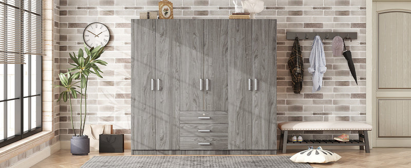 6-Doors Wooden Wardrobe Storage for Bedroom, with Big Drawers, Gray