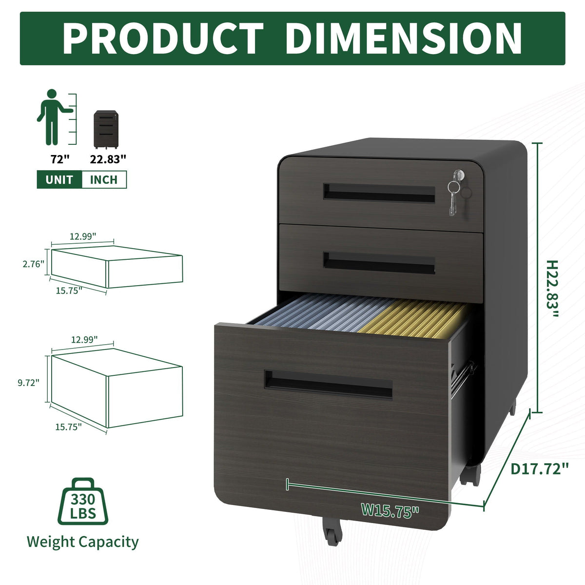 3-Drawer Mobile File Cabinet with Lock and Casters, photo 3 of 8