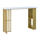 7-Piece Multi-Functional Modern Counter Height Dining Bar Table Set with Open Shelves and 6 Upholstered Stools for Dining Room, Bar and Cafe (White and Blue)