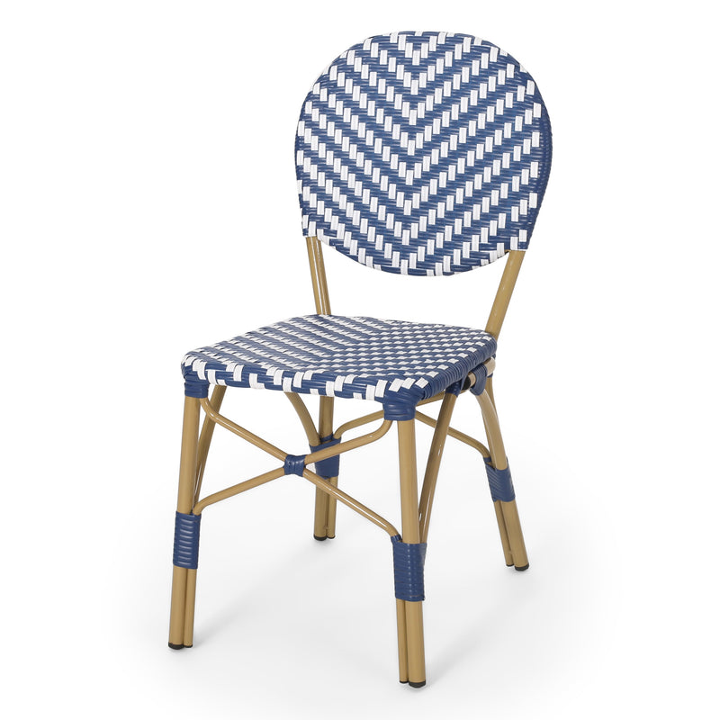 Walker Edison - Outdoor Aluminum 3 Piece French Bistro Set, Navy Blue, White, with Bamboo Finish